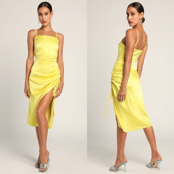 Lulus Dresses & Skirts - Lulus | Bonafide Babe Yellow Satin Sleeveless Ruched Midi Dress
